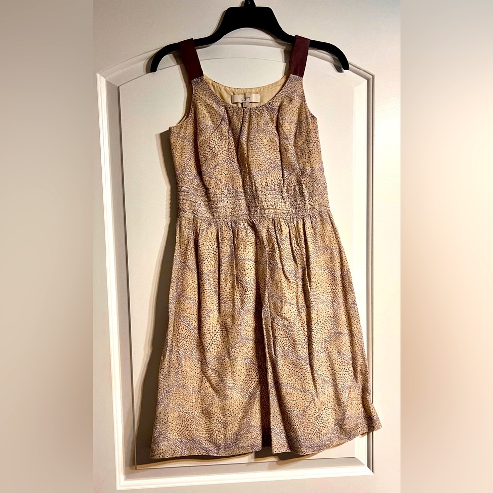 Ann Taylor LOFT Fit & Flare Dress Womens 0 Tan Purple Silk Blend Excellent Boho